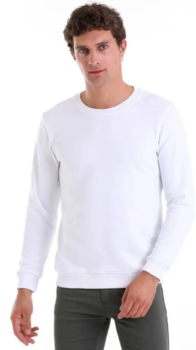 Hatemoğlu Beyaz Regular Fit Düz Pamuklu Bisiklet Yaka Sweatshirt