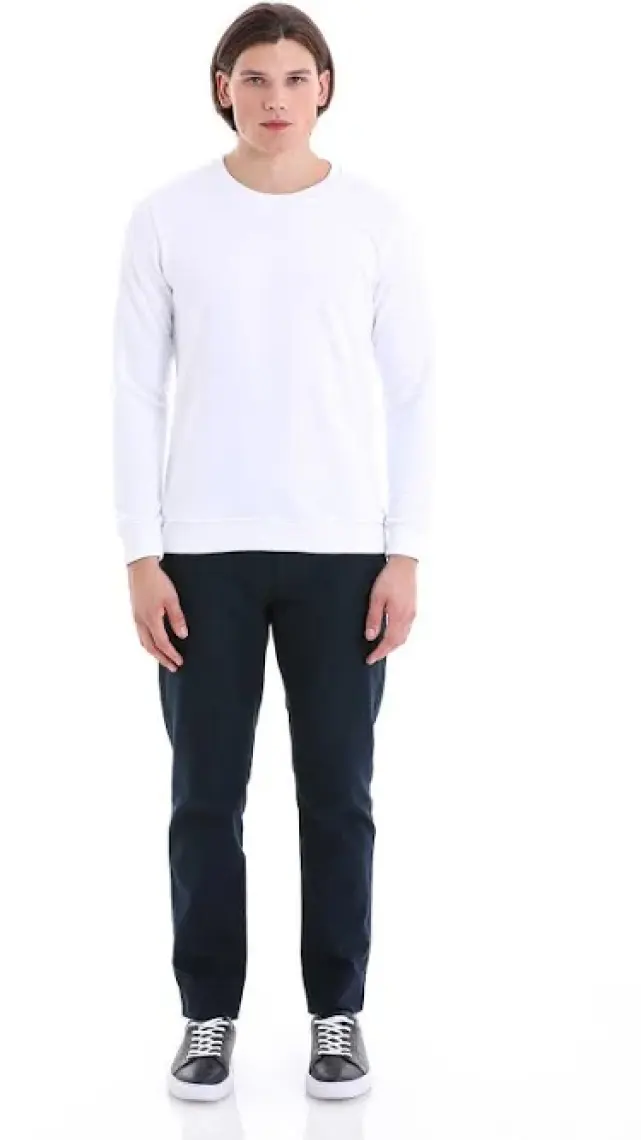 Hatemoğlu Beyaz Regular Fit Düz Pamuklu Bisiklet Yaka Sweatshirt