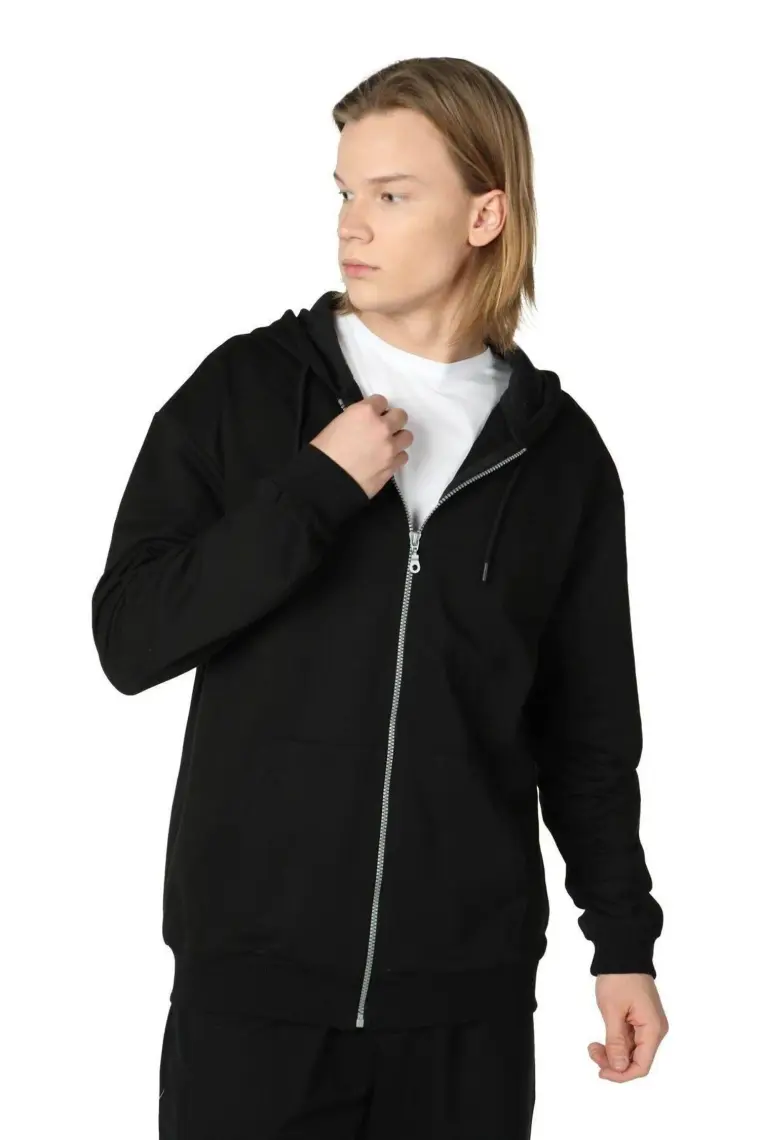 Defy's Erkek Kapüşonlu Fermuarlı Oversize Kalıp Sweatshirt Siyah