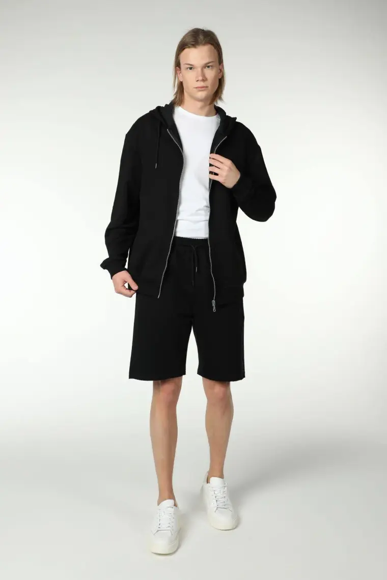 Defy's Erkek Kapüşonlu Fermuarlı Oversize Kalıp Sweatshirt Siyah