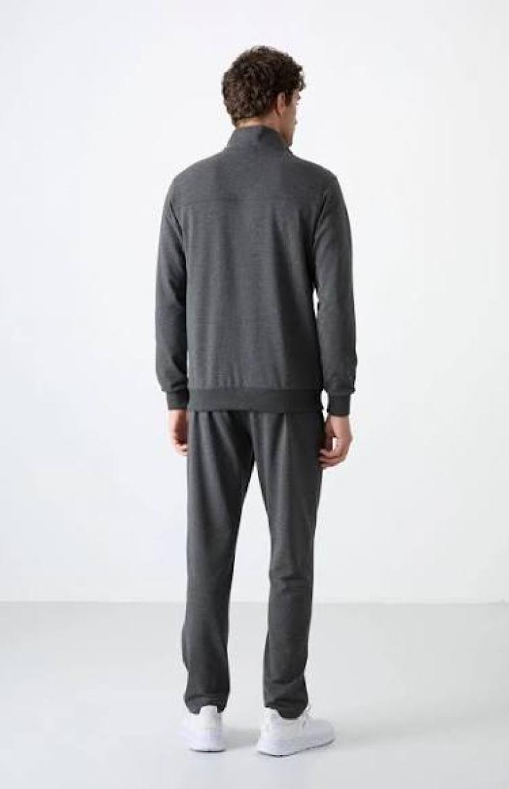 Tommy Life Antrasit Melanj Erkek Dik Yaka Fermuarlı Slim Fit Klasik Paça Eşofman Takımı-85072