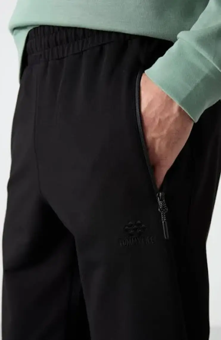 Tommy Life Siyah Fermuar Cepli Standart Kalıp Jogger Erkek Eşofman Alt - 84587