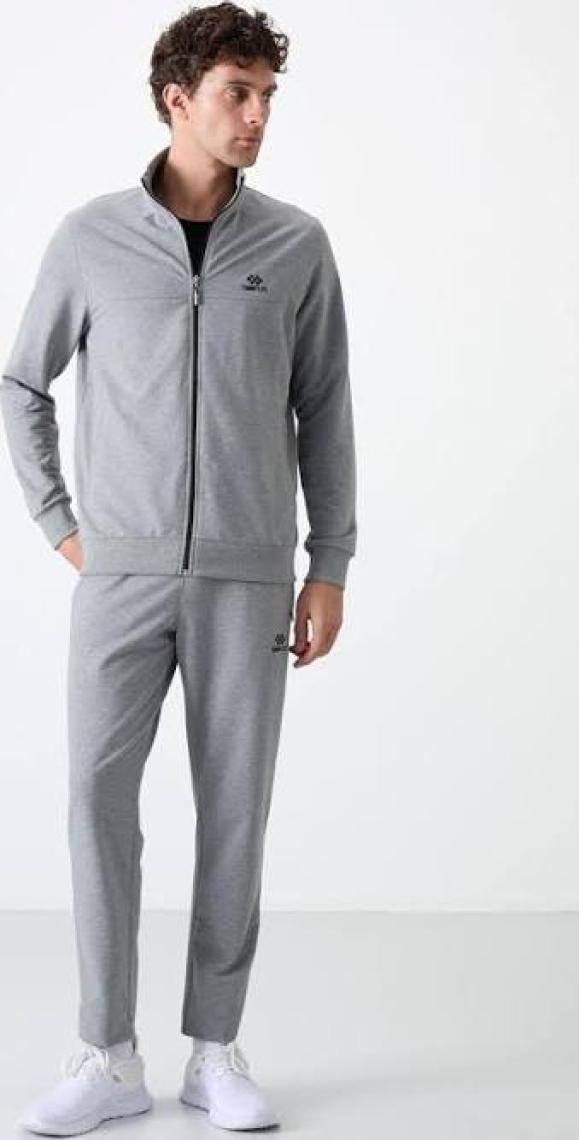 Tommy Life Tommy Life  Gri Melanj Erkek Dik Yaka Fermuarlı Slim Fit Klasik Paça Eşofman Takımı-85072