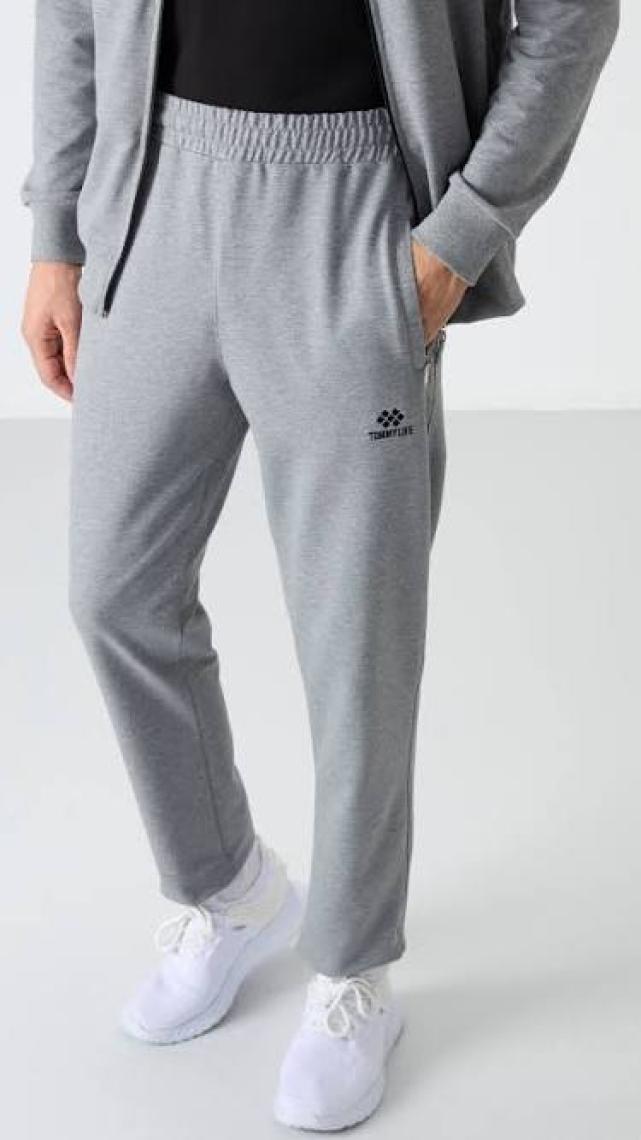 Tommy Life Tommy Life  Gri Melanj Erkek Dik Yaka Fermuarlı Slim Fit Klasik Paça Eşofman Takımı-85072