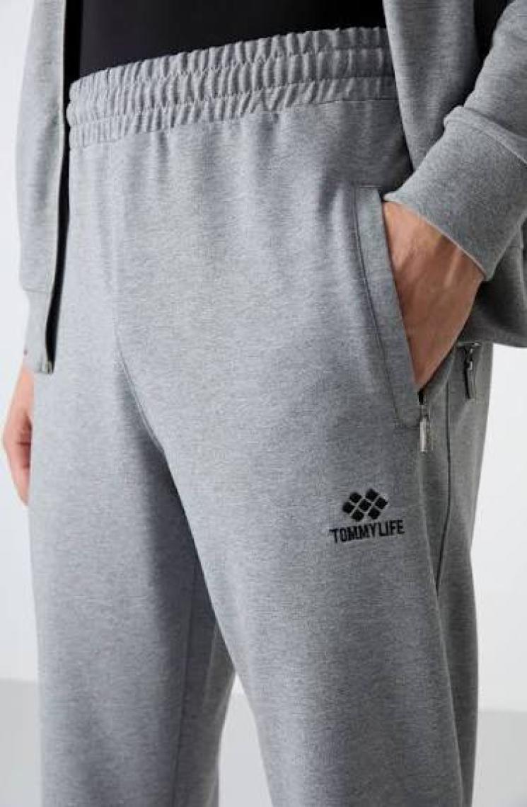 Tommy Life Tommy Life  Gri Melanj Erkek Dik Yaka Fermuarlı Slim Fit Klasik Paça Eşofman Takımı-85072