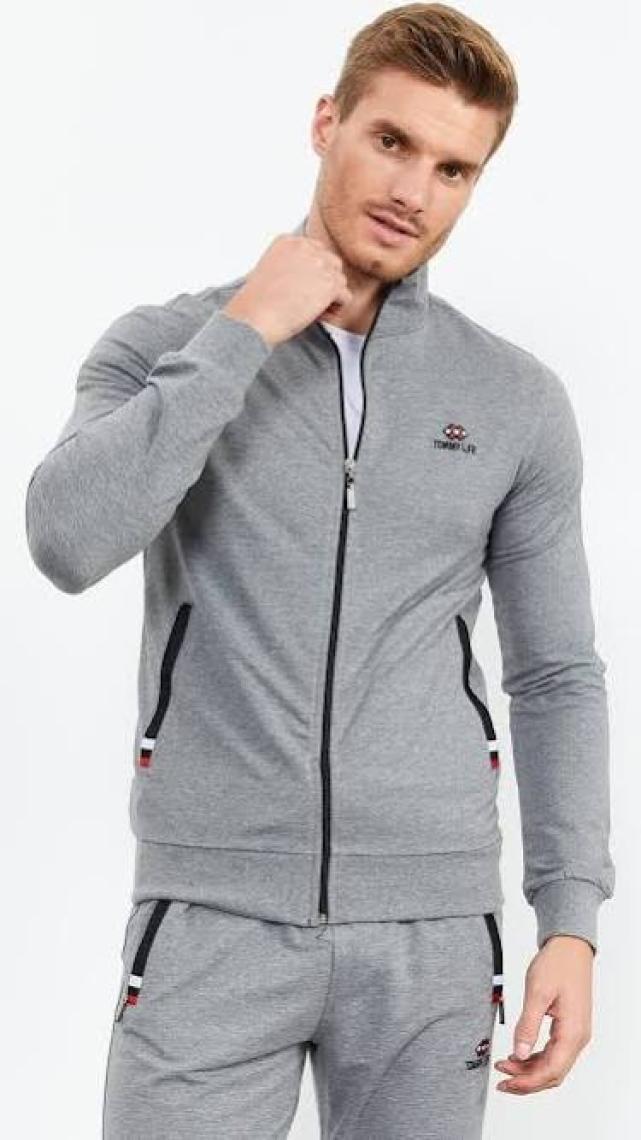 Tommy Life Tommy Life  Gri Melanj Erkek Dik Yaka Fermuarlı Slim Fit Klasik Paça Eşofman Takımı-85072