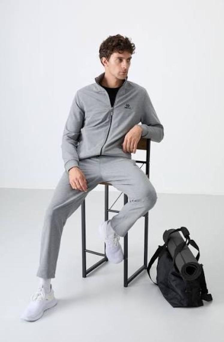 Tommy Life Tommy Life  Gri Melanj Erkek Dik Yaka Fermuarlı Slim Fit Klasik Paça Eşofman Takımı-85072