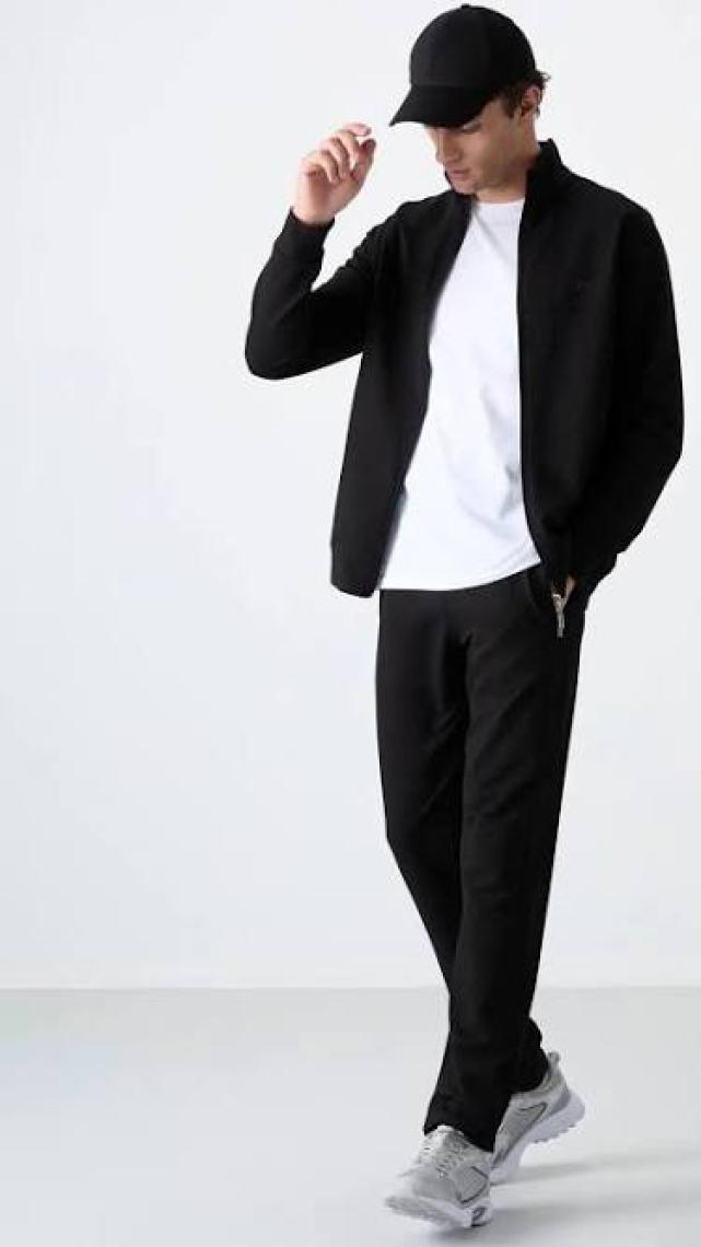 Tommy Life Tommy Life  Gri Melanj Erkek Dik Yaka Fermuarlı Slim Fit Klasik Paça Eşofman Takımı-85072