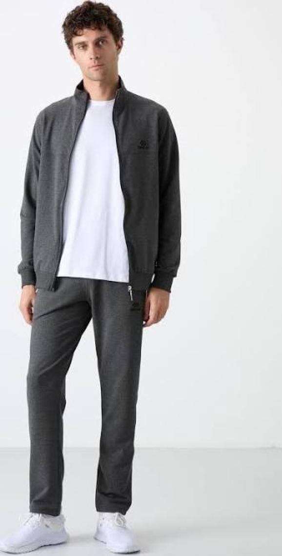 Tommy Life Tommy Life  Antrasit Melanj Erkek Dik Yaka Fermuarlı Slim Fit Klasik Paça Eşofman Takımı-85072
