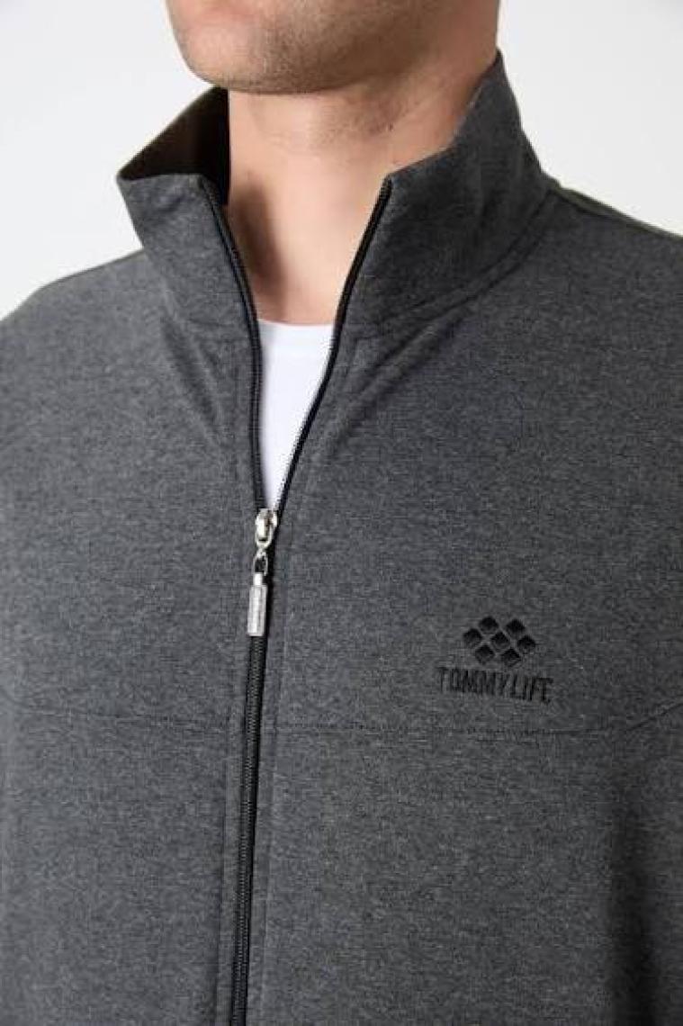 Tommy Life Tommy Life  Antrasit Melanj Erkek Dik Yaka Fermuarlı Slim Fit Klasik Paça Eşofman Takımı-85072