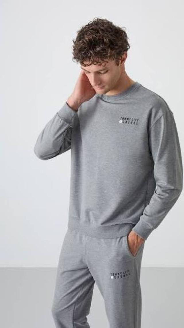 Tommy Life Çağla - Siyah Casual O Yaka Lastik Paça Erkek Oversize Eşofman Takımı - 85120