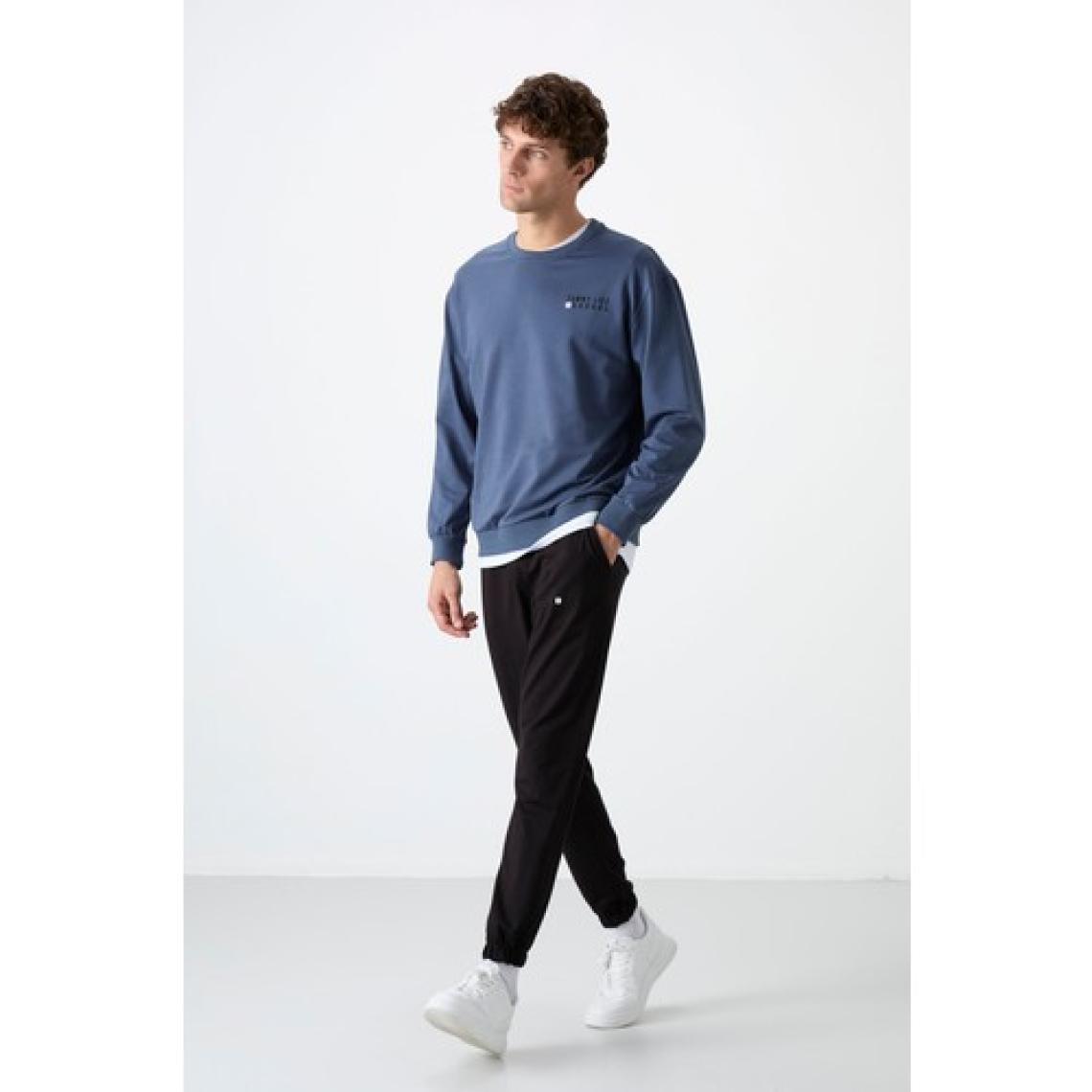 Tommy Life Petrol - Siyah Casual O Yaka Lastik Paça Erkek Oversize Eşofman Takımı - 85120