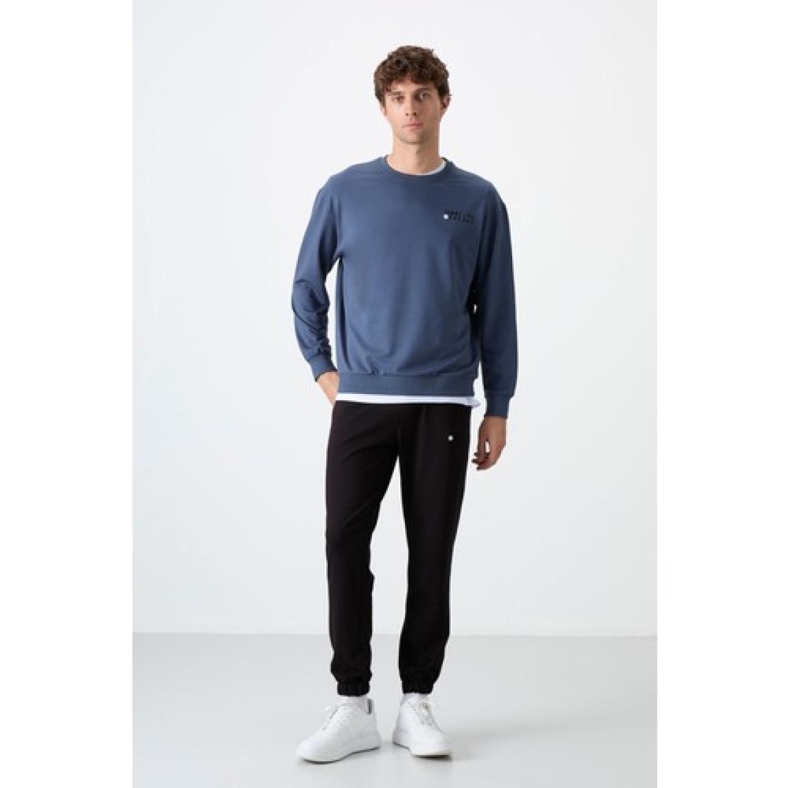 Tommy Life Petrol - Siyah Casual O Yaka Lastik Paça Erkek Oversize Eşofman Takımı - 85120