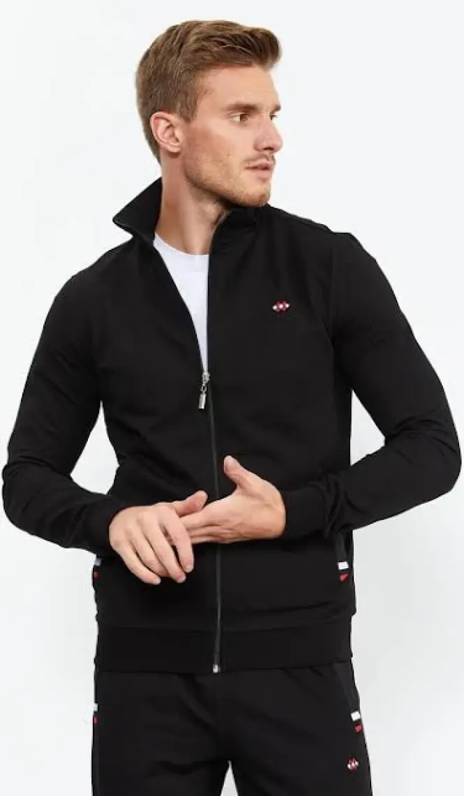 Tommy Life Siyah Dik Yaka Fermuarlı Rahat Form Klasik Paça Erkek Eşofman Takımı - 85072