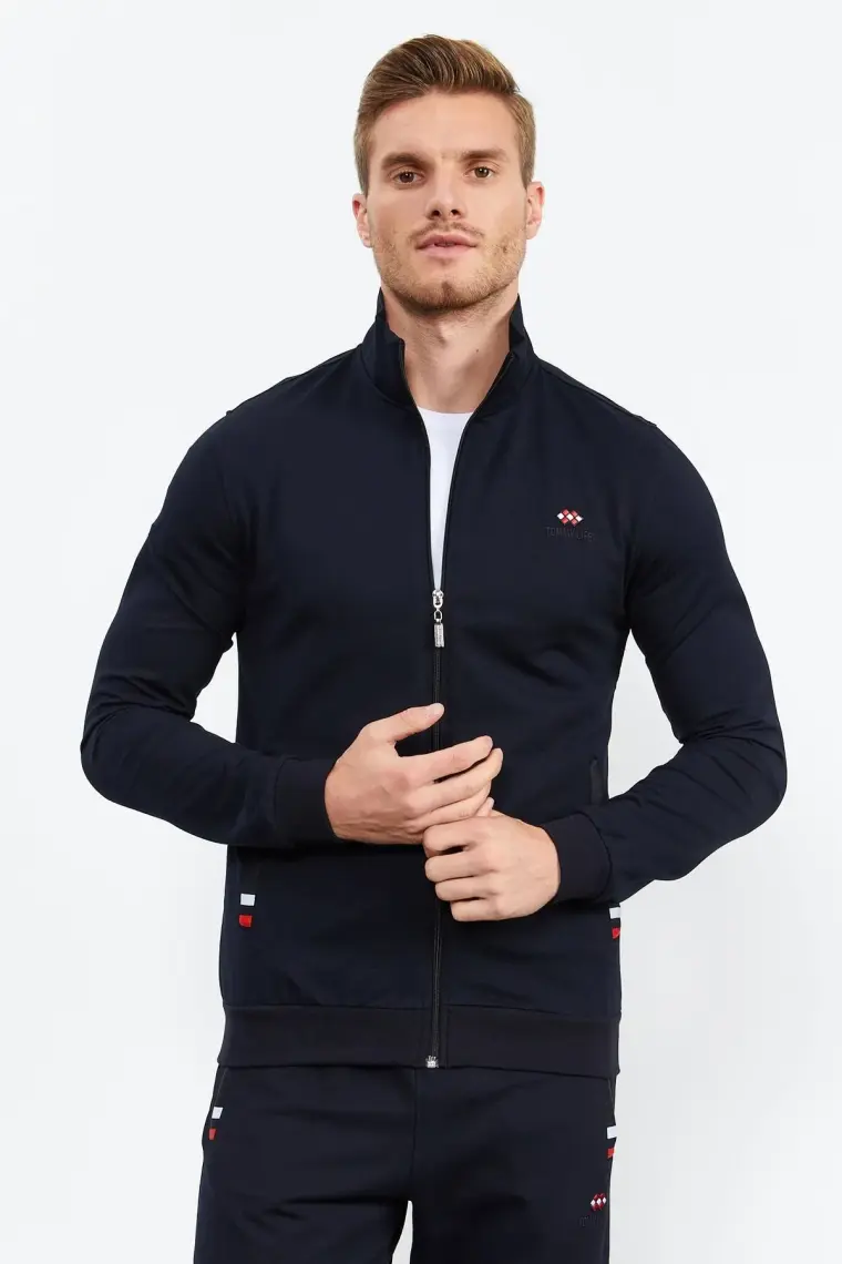Tommy Life Lacivert Dik Yaka Fermuarlı Rahat Form Klasik Paça Erkek Eşofman Takımı - 85072