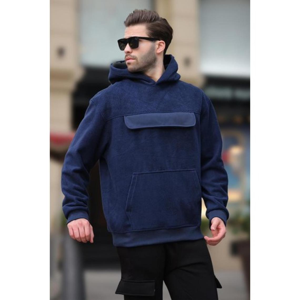 Lacivert Kapüşonlu Kapaklı Cep Detaylı Polar Erkek Sweatshirt 7097