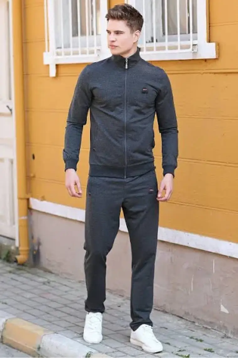 Tommy Life Tommy Life  Siyah Erkek Dik Yaka Fermuarlı Slim Fit Klasik Paça Eşofman Takımı-85072
