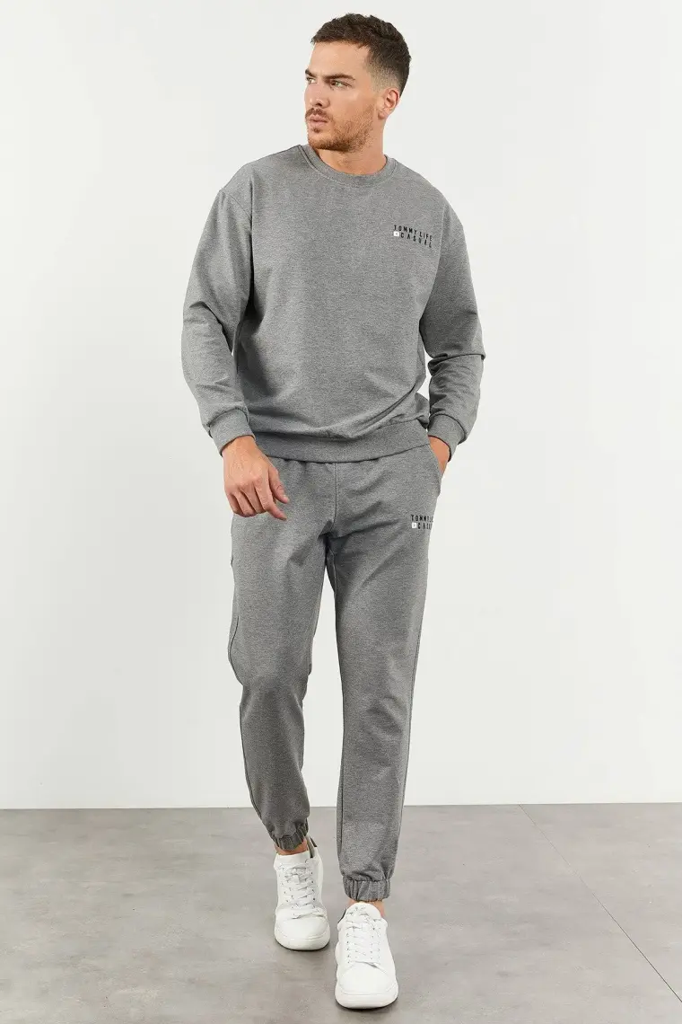 Tommy Life Siyah Casual O Yaka Lastik Paça Pamuklu Erkek Oversize Eşofman Takımı - 85120