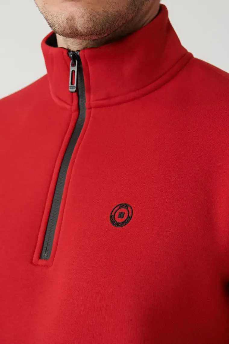 AVVA Erkek Kırmızı Dik Yaka Fermuarlı 3 Iplik Şardonlu Sweatshirt E001020