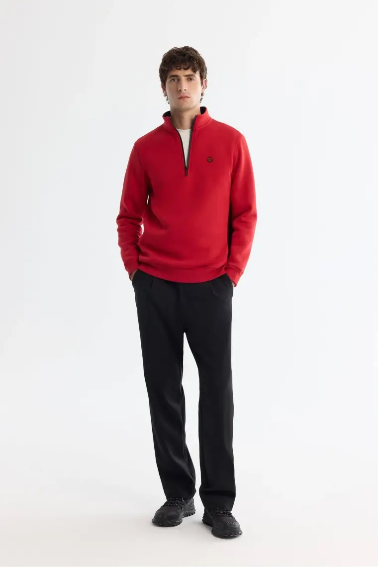 AVVA Erkek Kırmızı Dik Yaka Fermuarlı 3 Iplik Şardonlu Sweatshirt E001020