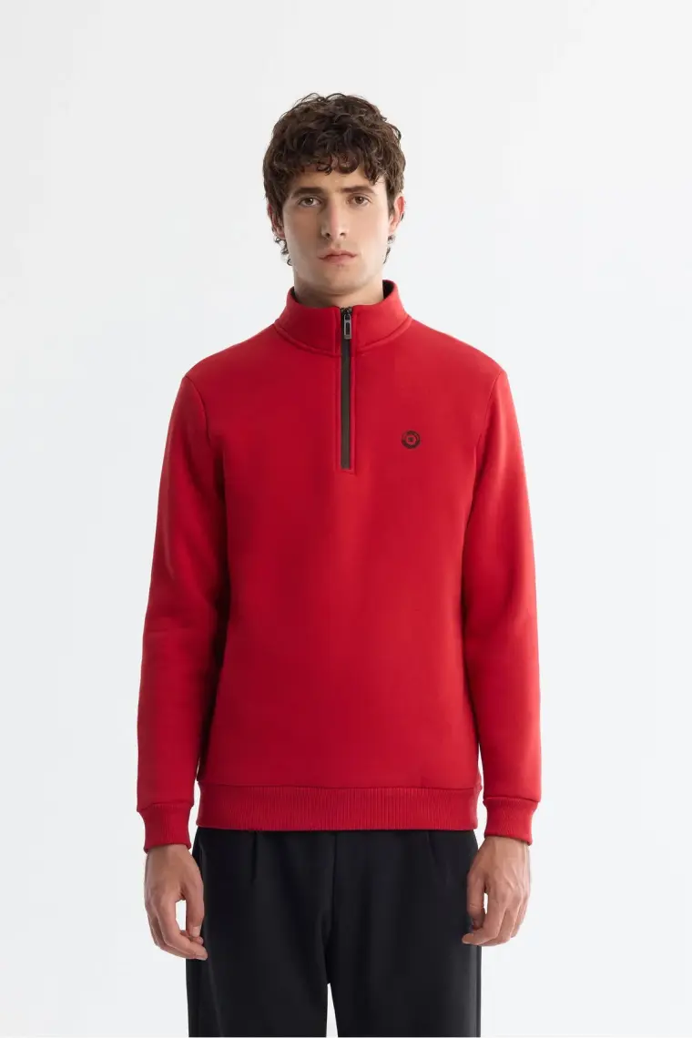 AVVA Erkek Kırmızı Dik Yaka Fermuarlı 3 Iplik Şardonlu Sweatshirt E001020