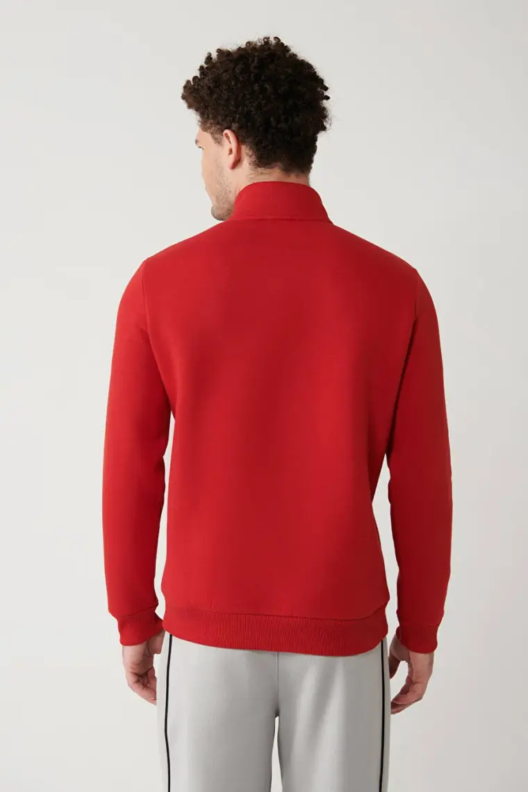 AVVA Erkek Kırmızı Dik Yaka Fermuarlı 3 Iplik Şardonlu Sweatshirt E001020