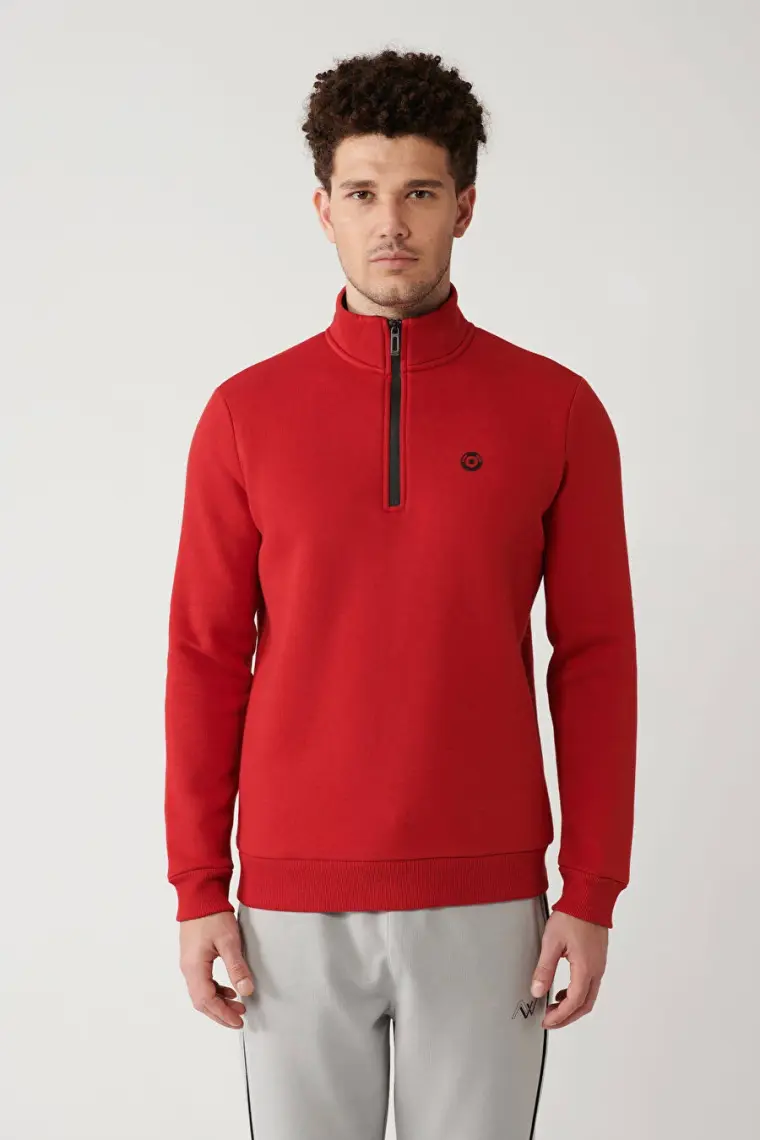 AVVA Erkek Kırmızı Dik Yaka Fermuarlı 3 Iplik Şardonlu Sweatshirt E001020