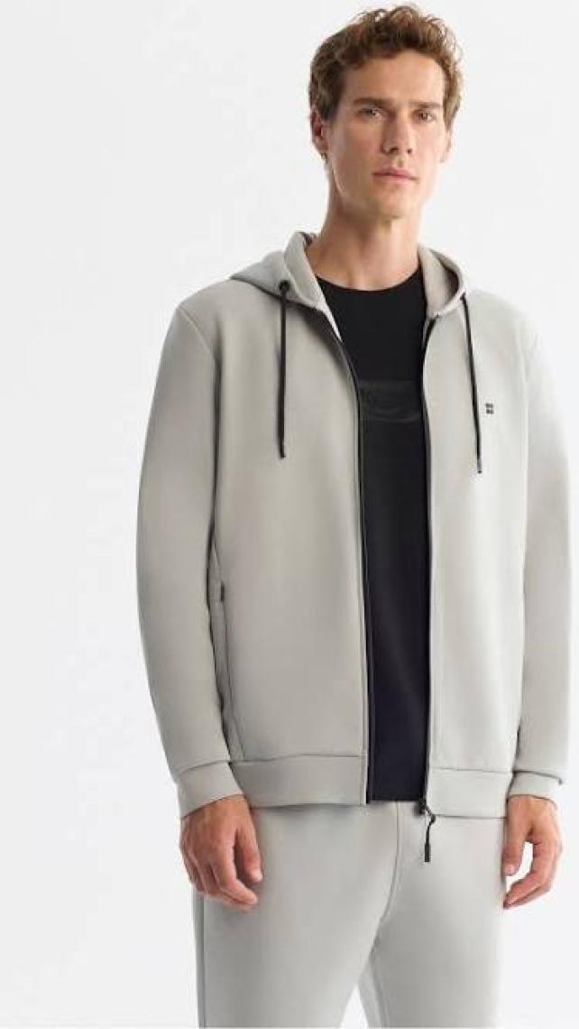 AVVA Erkek Gri Kapüşonlu Interlok Kumaş Fermuarlı Sweatshirt B001102