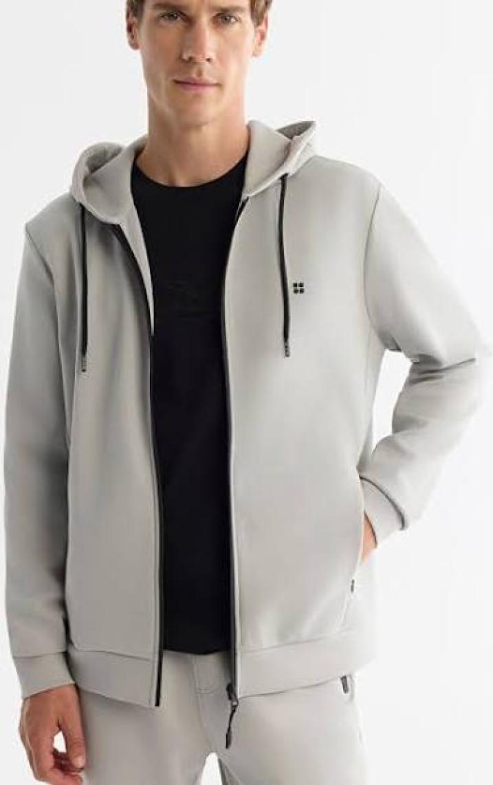 AVVA Erkek Gri Kapüşonlu Interlok Kumaş Fermuarlı Sweatshirt B001102