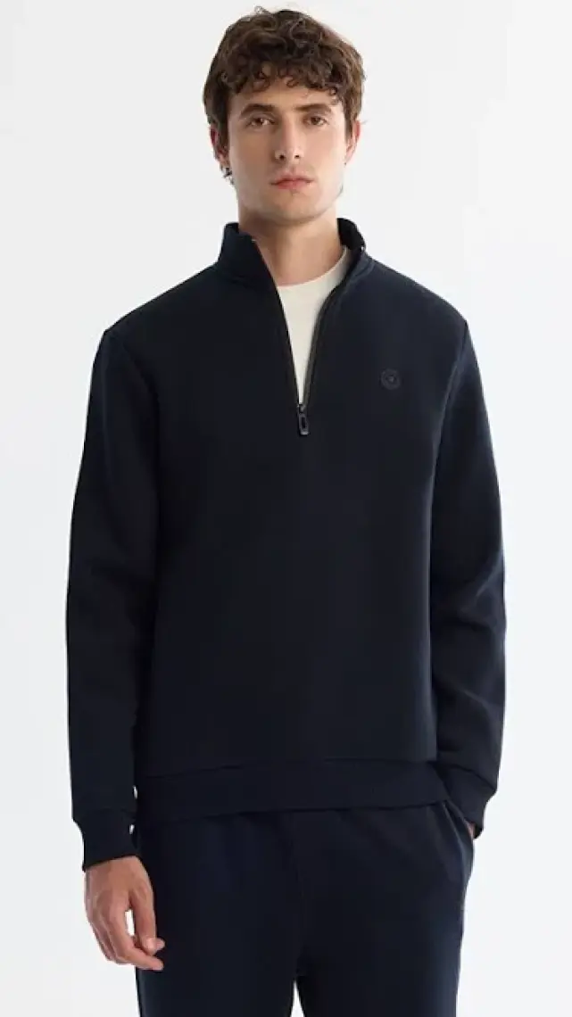 AVVA Erkek Lacivert Dik Yaka Fermuarlı 3 Iplik Şardonlu Sweatshirt E001020