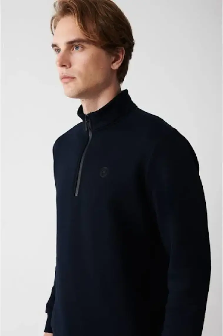 AVVA Erkek Lacivert Dik Yaka Fermuarlı 3 Iplik Şardonlu Sweatshirt E001020