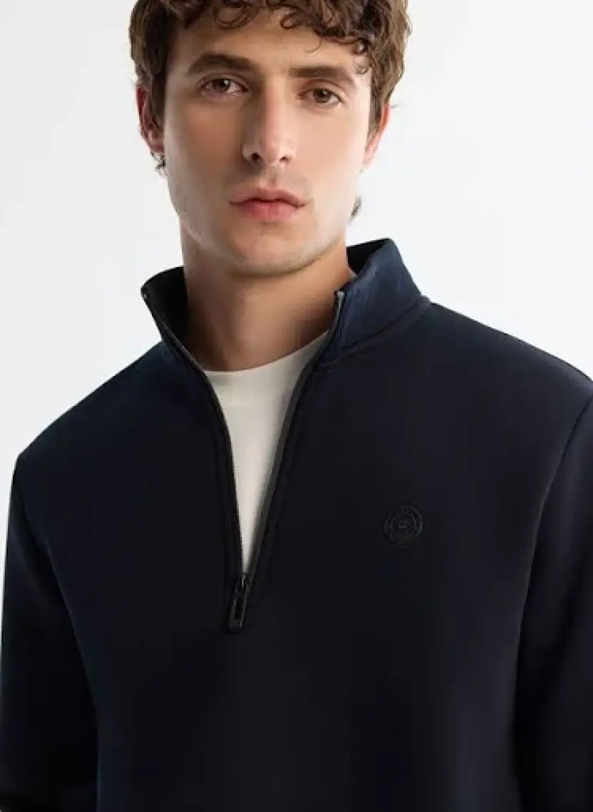 AVVA Erkek Lacivert Dik Yaka Fermuarlı 3 Iplik Şardonlu Sweatshirt E001020