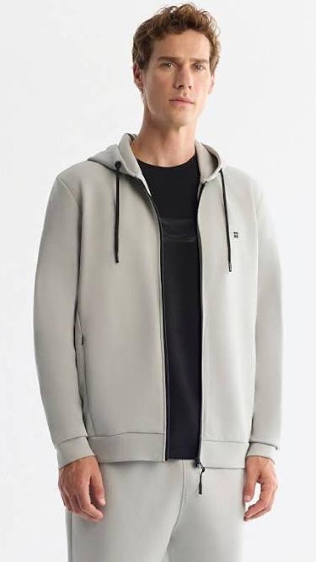 AVVA Erkek Gri Kapüşonlu Interlok Kumaş Fermuarlı Sweatshirt B001102