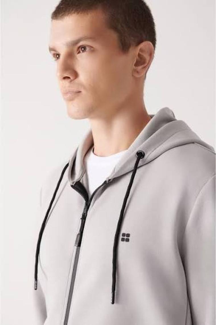 AVVA Erkek Gri Kapüşonlu Interlok Kumaş Fermuarlı Sweatshirt B001102