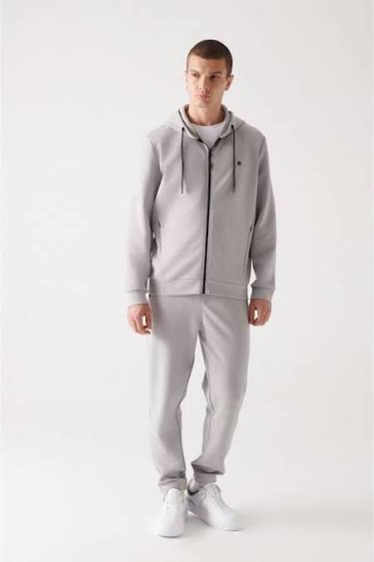 AVVA Erkek Gri Kapüşonlu Interlok Kumaş Fermuarlı Sweatshirt B001102