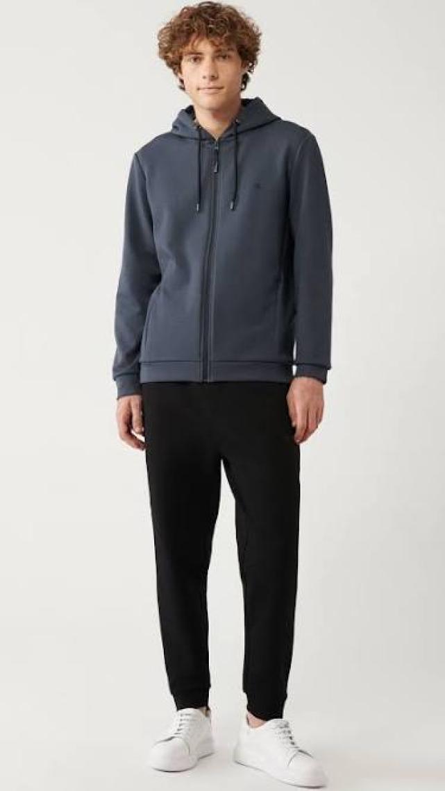 AVVA Erkek Antrasit Kapüşonlu Interlok Kumaş Fermuarlı Sweatshirt B001102