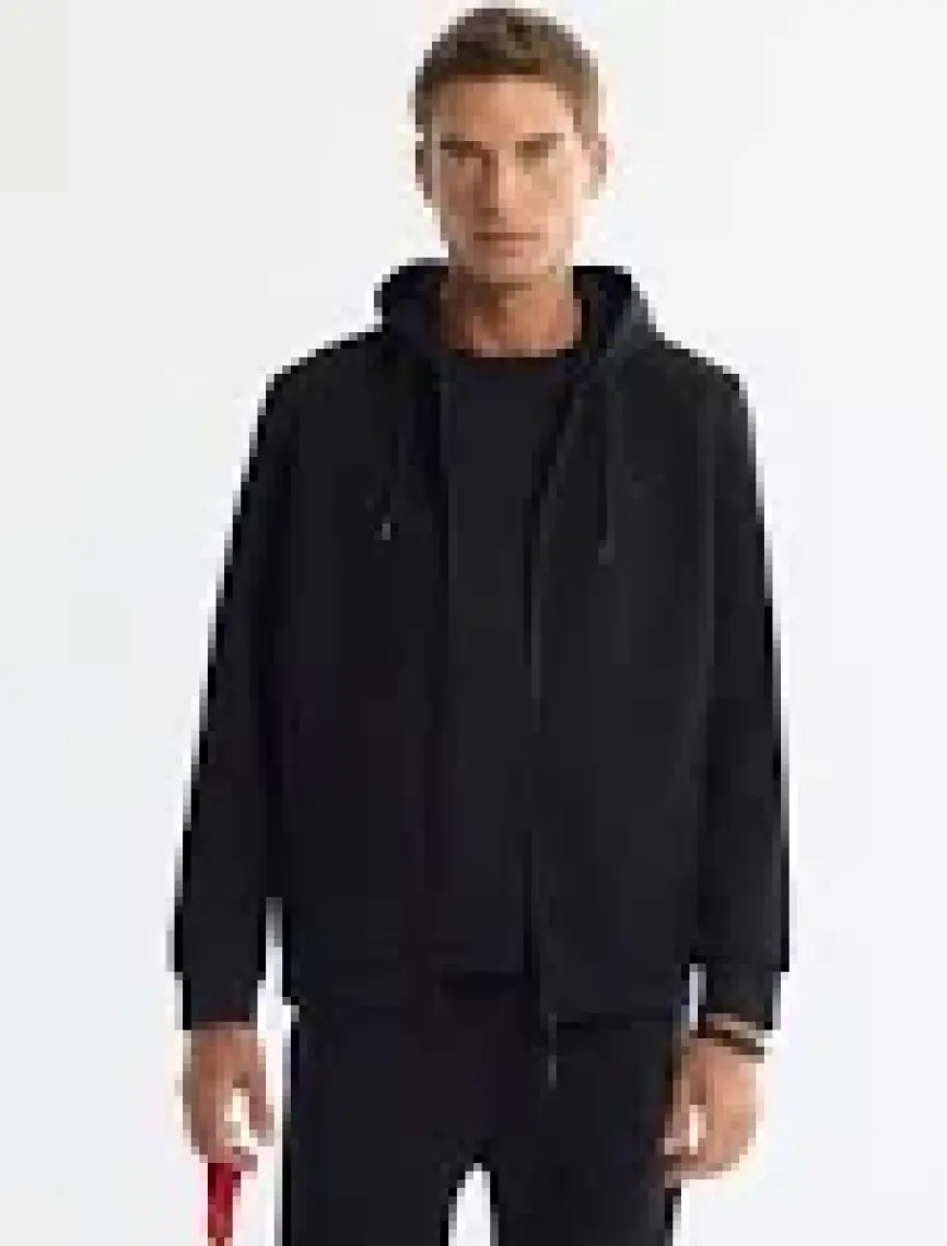 AVVA Erkek Siyah Kapüşonlu Interlok Kumaş Fermuarlı Sweatshirt B001102