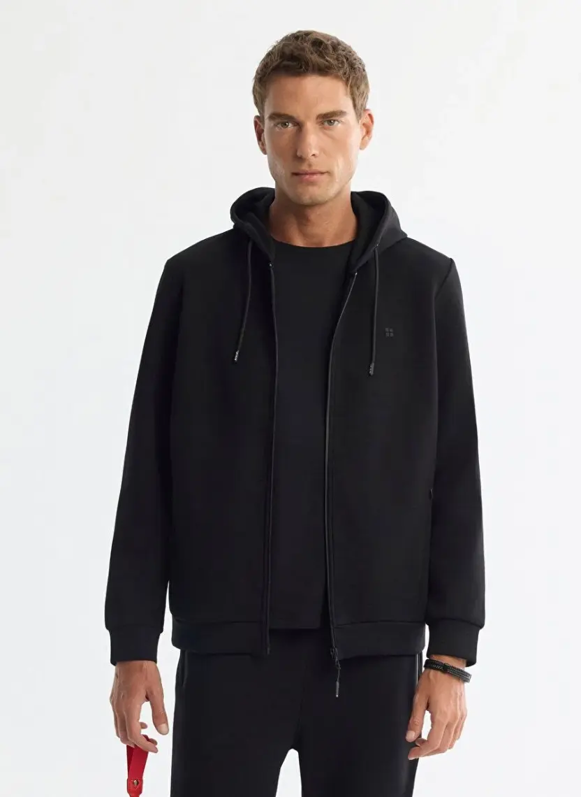 AVVA Erkek Siyah Kapüşonlu Interlok Kumaş Fermuarlı Sweatshirt B001102