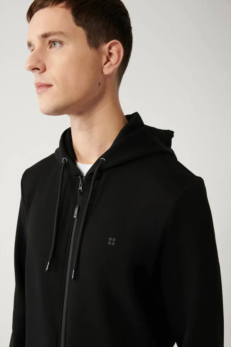 AVVA Erkek Siyah Kapüşonlu Interlok Kumaş Fermuarlı Sweatshirt B001102