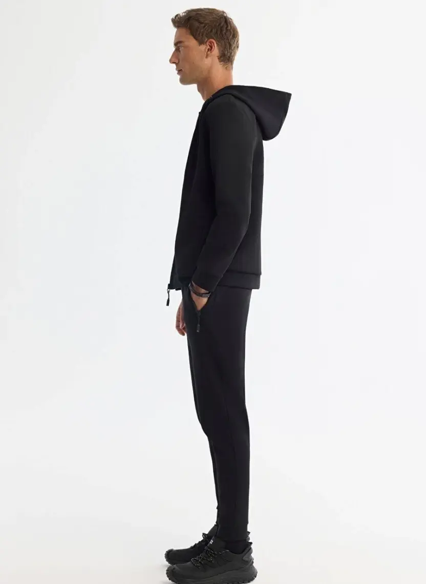 AVVA Erkek Siyah Kapüşonlu Interlok Kumaş Fermuarlı Sweatshirt B001102
