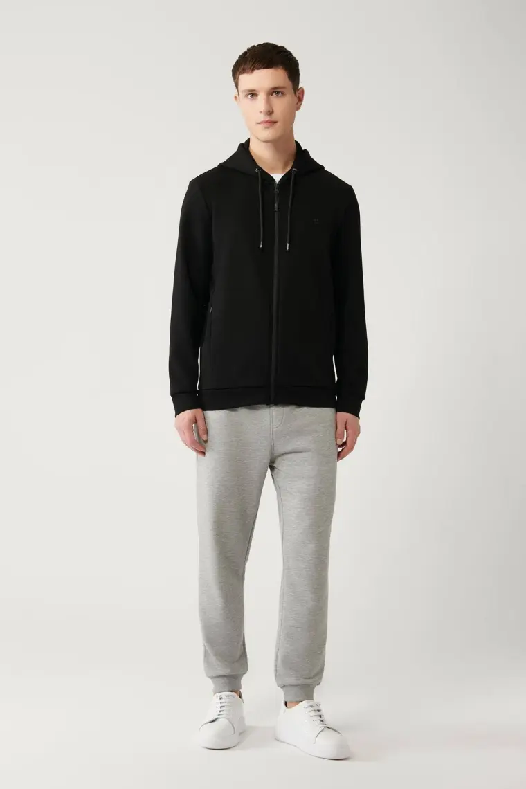 AVVA Erkek Siyah Kapüşonlu Interlok Kumaş Fermuarlı Sweatshirt B001102
