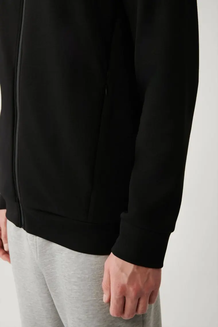 AVVA Erkek Siyah Kapüşonlu Interlok Kumaş Fermuarlı Sweatshirt B001102