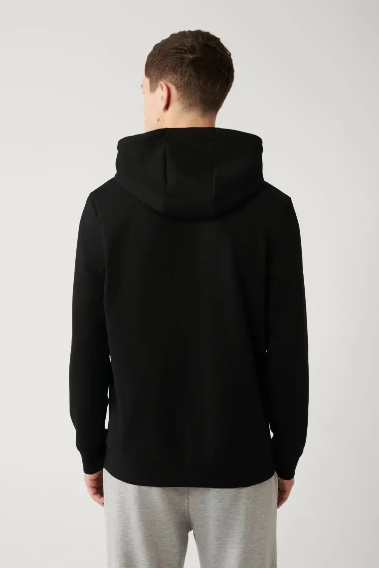 AVVA Erkek Siyah Kapüşonlu Interlok Kumaş Fermuarlı Sweatshirt B001102