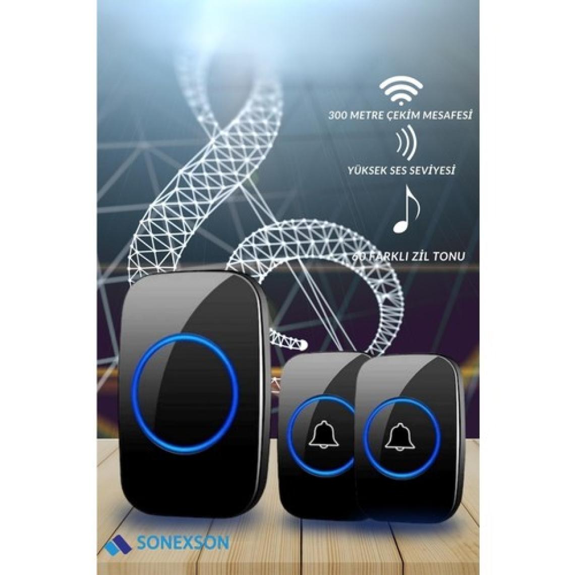Sonex 2 Buton 1 Alıcı Kablosuz Uzaktan Kumandalı LED Kapı Zili