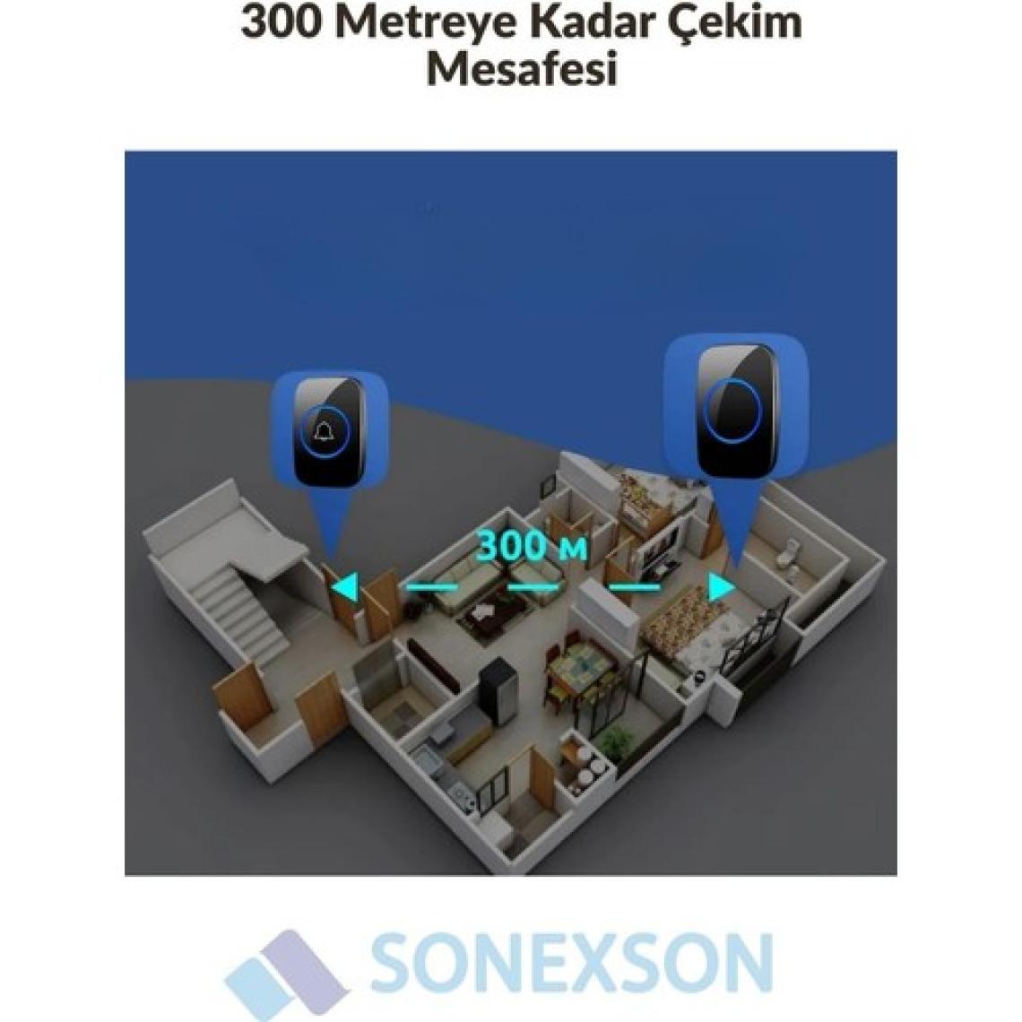 Sonex 2 Buton 1 Alıcı Kablosuz Uzaktan Kumandalı LED Kapı Zili