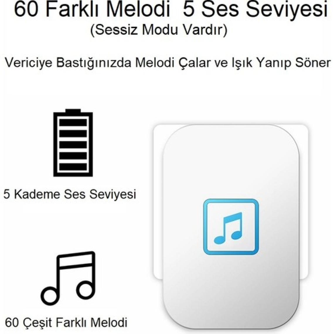Cacazi 2 Buton 1 Alıcı Su Geçirmez Beyaz Pilsiz Kablosuz LED Kapı Zili