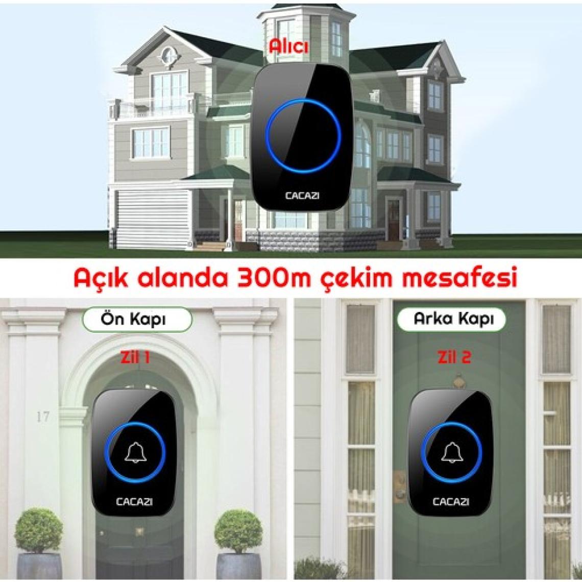 Cacazi 2 Buton 1 Alıcı Kablosuz Uzaktan Kumandalı LED Kapı Zili