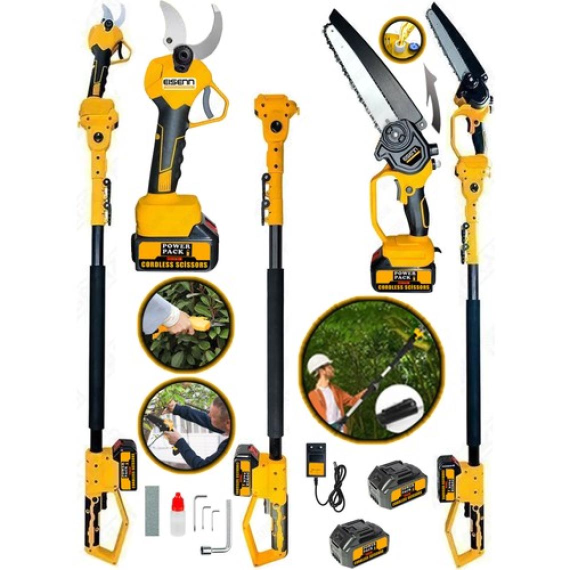 Eisenn German Yellow 3LÜ Set BL Fırçasız Motor Bağ Makası + Zincirli Otomatik Yağ Pompalı Budama Testeresi  + Teleskopik Uzatma