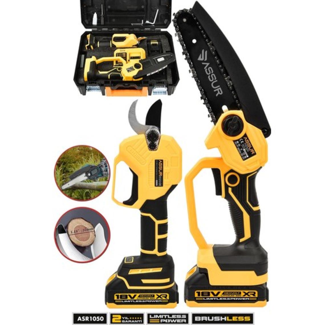 Assur Profesyonel 2'li Set 18V Çift Akülü Budama Testeresi ve Bağ Makası Makinesi