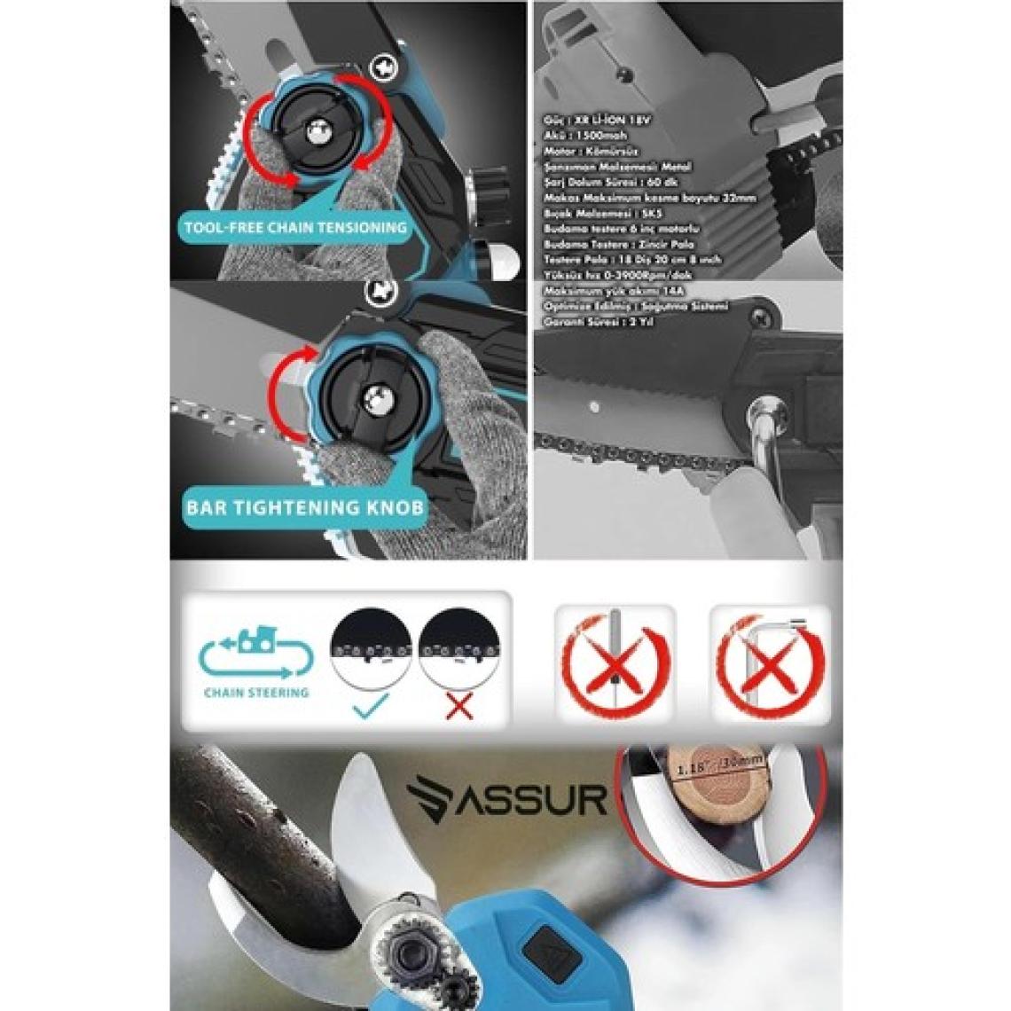 Assur Profesyonel 2'li Set 18V Çift Akülü Budama Testeresi ve Bağ Makası Makinesi